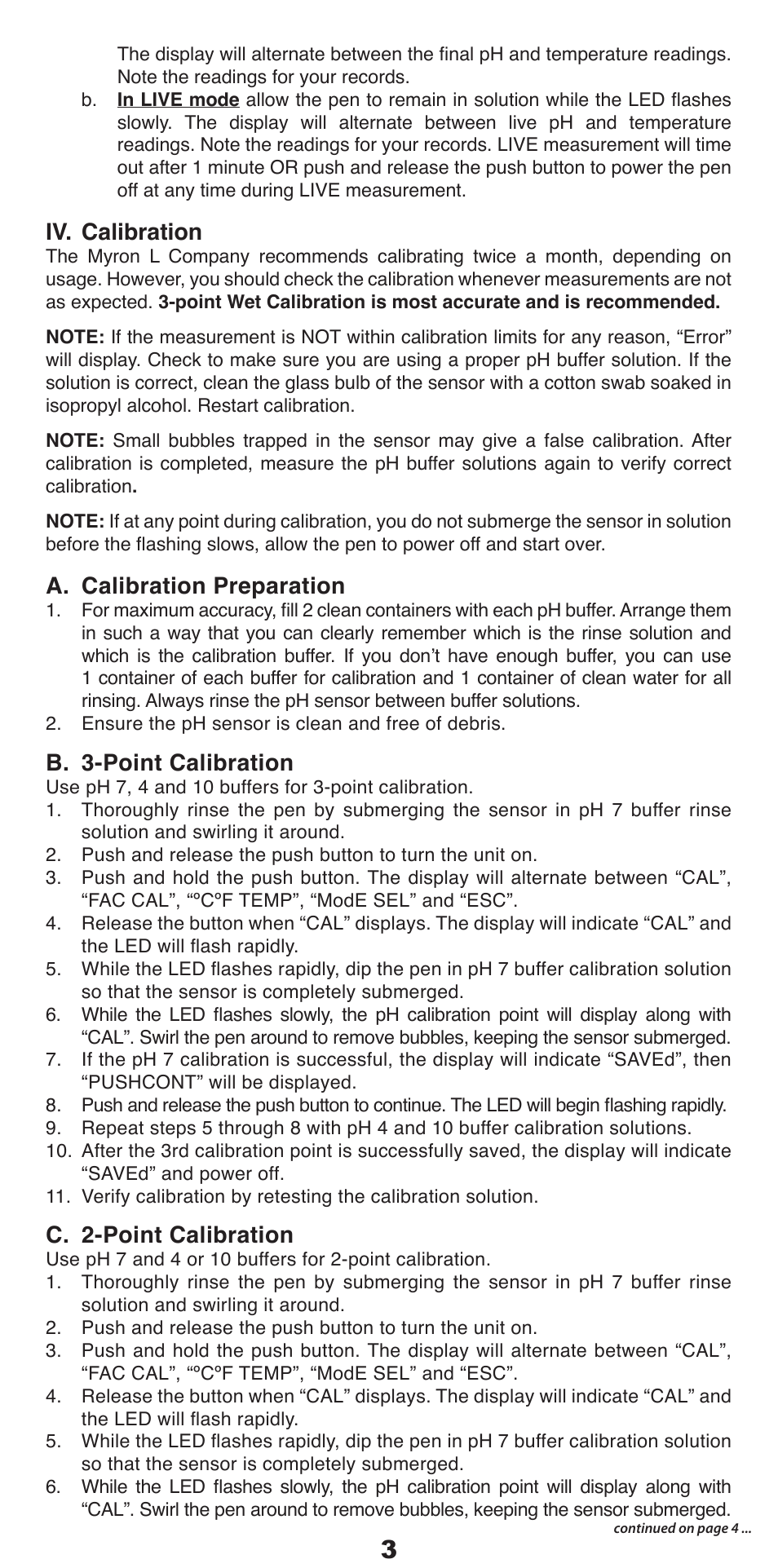 Iv. calibration, A. calibration preparation, B. 3-point calibration | C. 2-point calibration | Myron L PT2 User Manual | Page 4 / 6