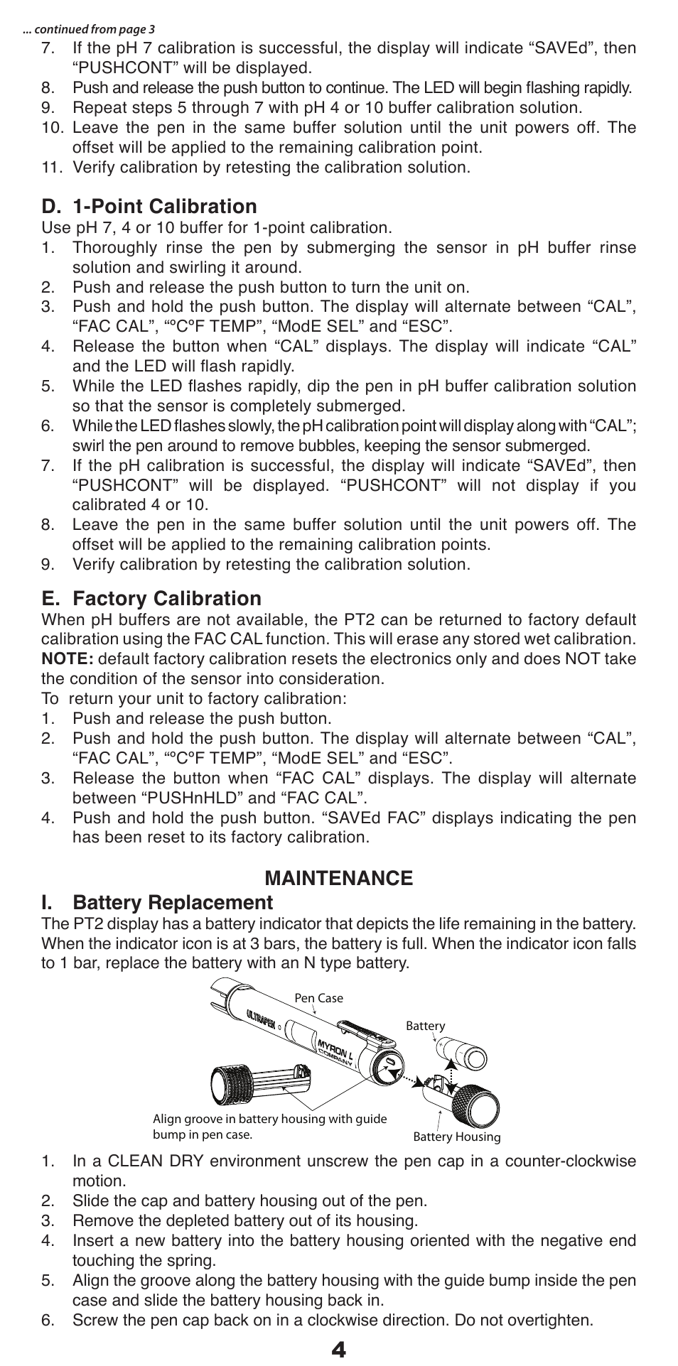 D. 1-point calibration, E. factory calibration, Maintenance i. battery replacement | Myron L PT2 User Manual | Page 5 / 6