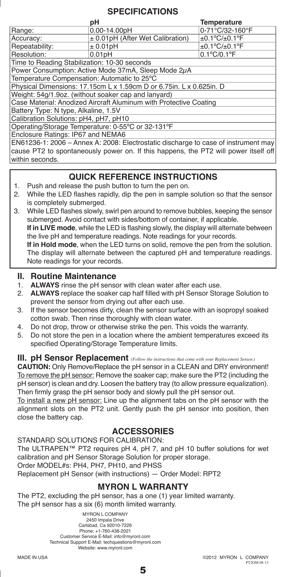 Ii. routine maintenance, Iii. ph sensor replacement, Accessories | Myron l warranty, Specifications, Quick reference instructions | Myron L PT2 User Manual | Page 6 / 6