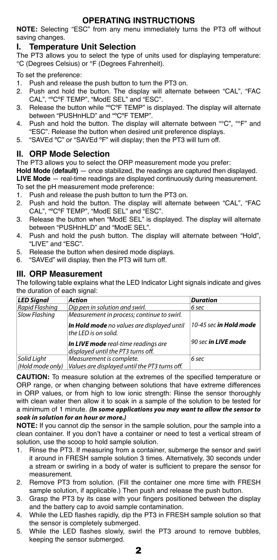 Operating instructions, I. temperature unit selection, Ii. orp mode selection | Iii. orp measurement | Myron L PT3 User Manual | Page 3 / 6