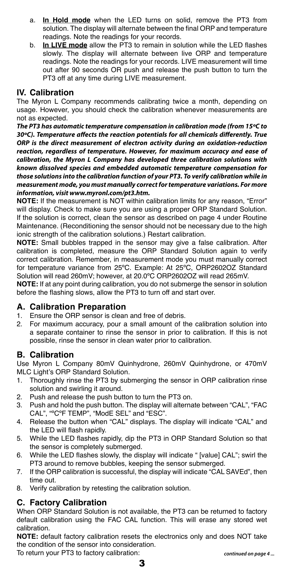Iv. calibration, A. calibration preparation, B. calibration | C. factory calibration | Myron L PT3 User Manual | Page 4 / 6