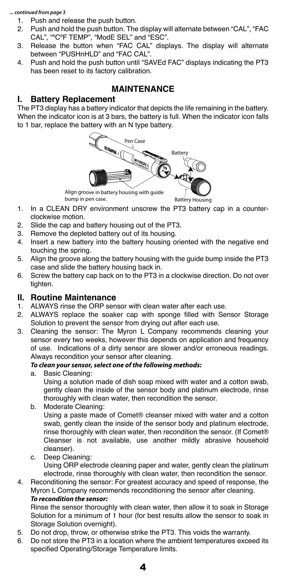 Maintenance i. battery replacement, Ii. routine maintenance | Myron L PT3 User Manual | Page 5 / 6