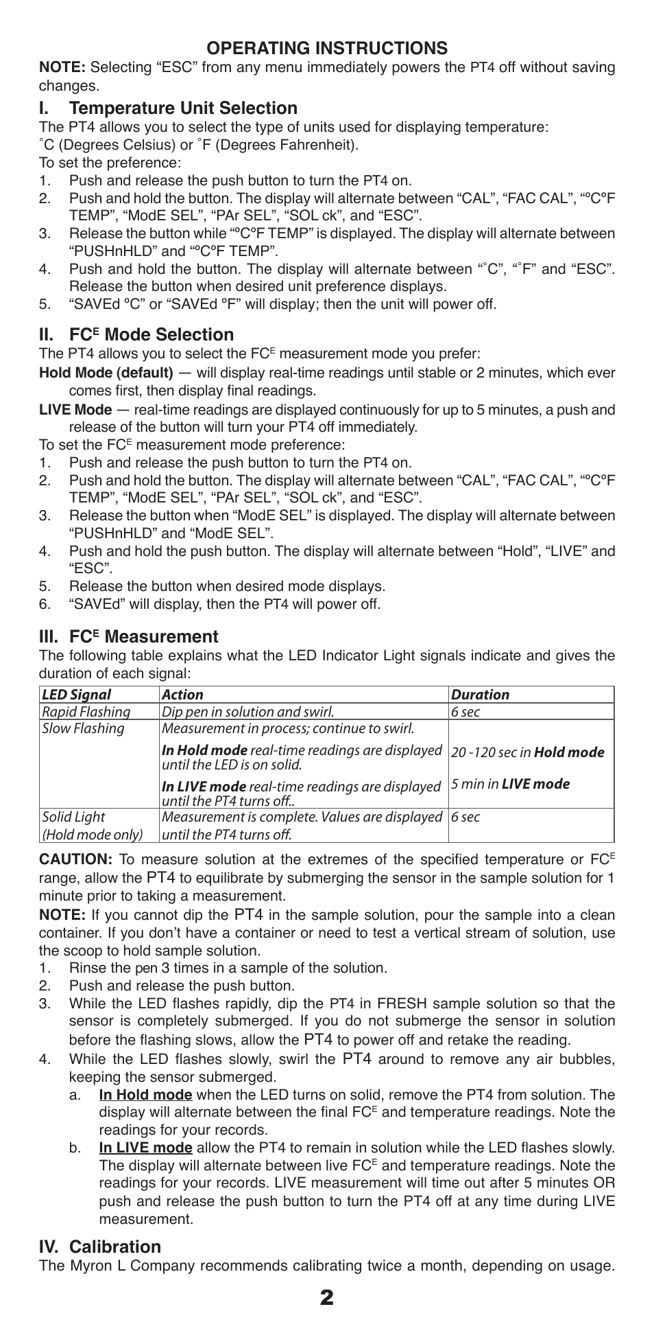 Operating instructions, I. temperature unit selection, Ii. fc | Mode selection, Iii. fc, Measurement, Iv. calibration | Myron L PT4 User Manual | Page 3 / 6
