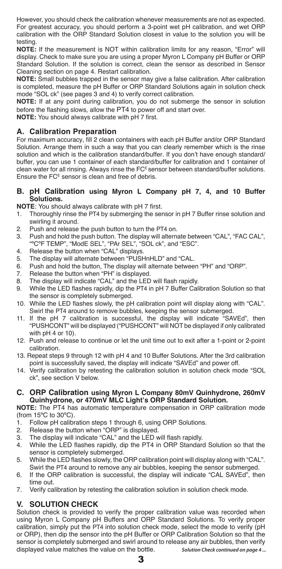A. calibration preparation, B. ph calibration, C. orp calibration | V. solution check | Myron L PT4 User Manual | Page 4 / 6