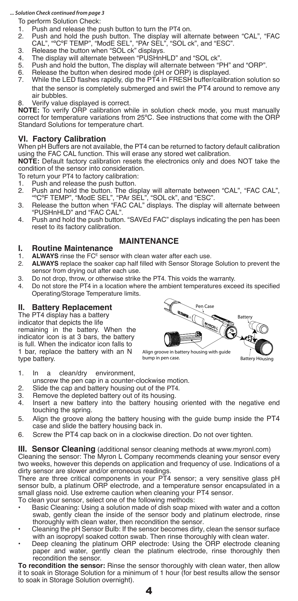 Vi. factory calibration, Maintenance i. routine maintenance, Ii. battery replacement | Iii. sensor cleaning | Myron L PT4 User Manual | Page 5 / 6