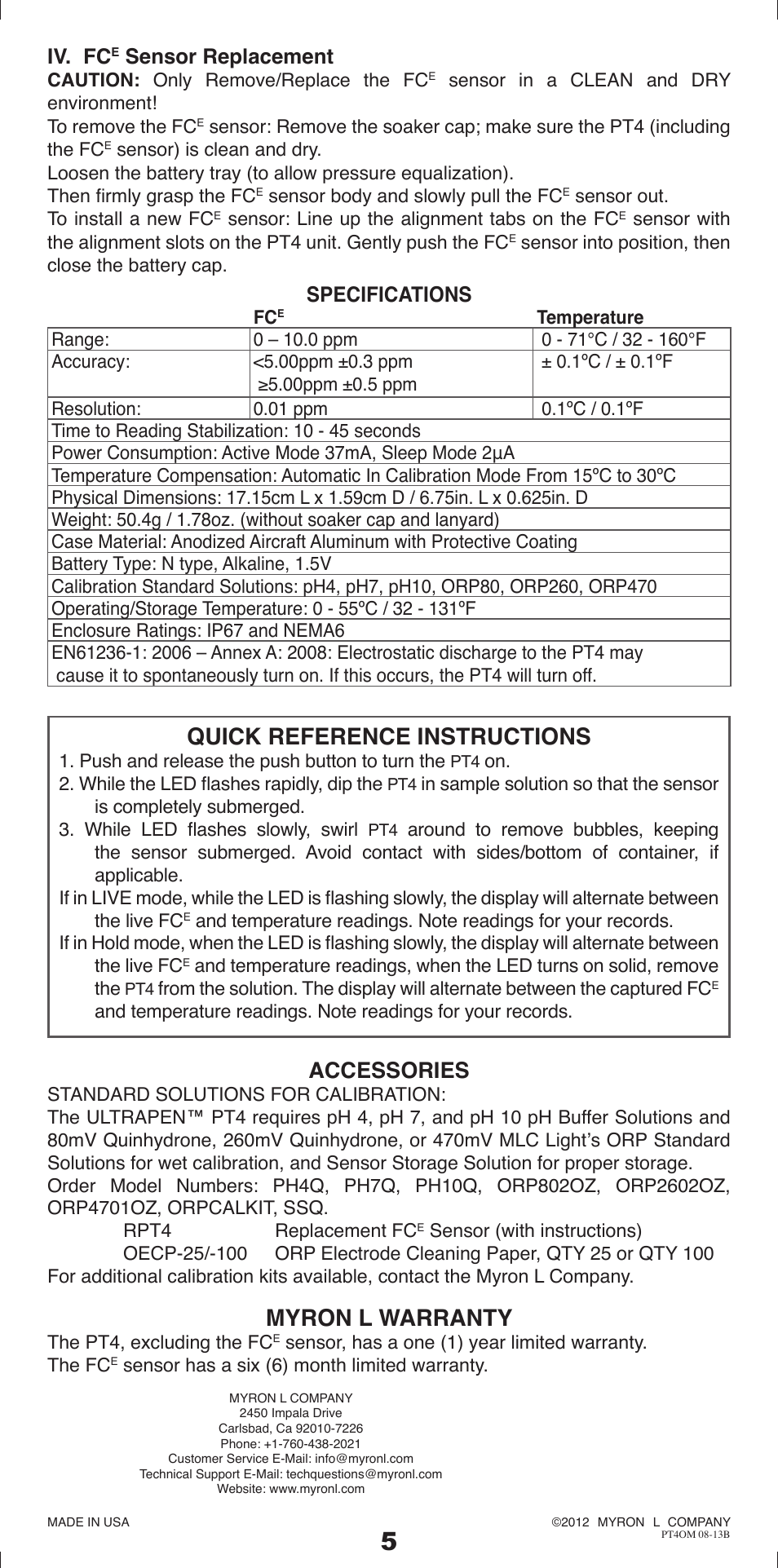 Myron l warranty, Quick reference instructions, Accessories | Specifications, Iv. fc, Sensor replacement | Myron L PT4 User Manual | Page 6 / 6