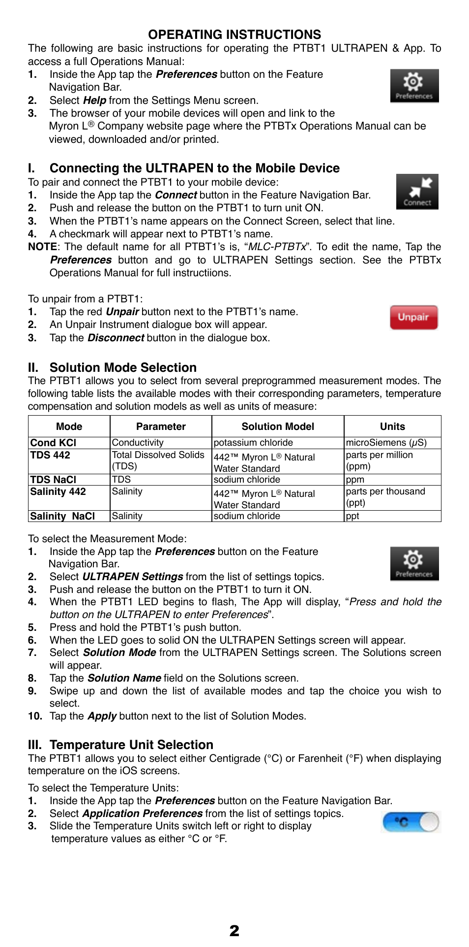 Operating instructions, I. connecting the ultrapen to the mobile device, Ii. solution mode selection | Iii. temperature unit selection | Myron L PTBT1 User Manual | Page 3 / 6