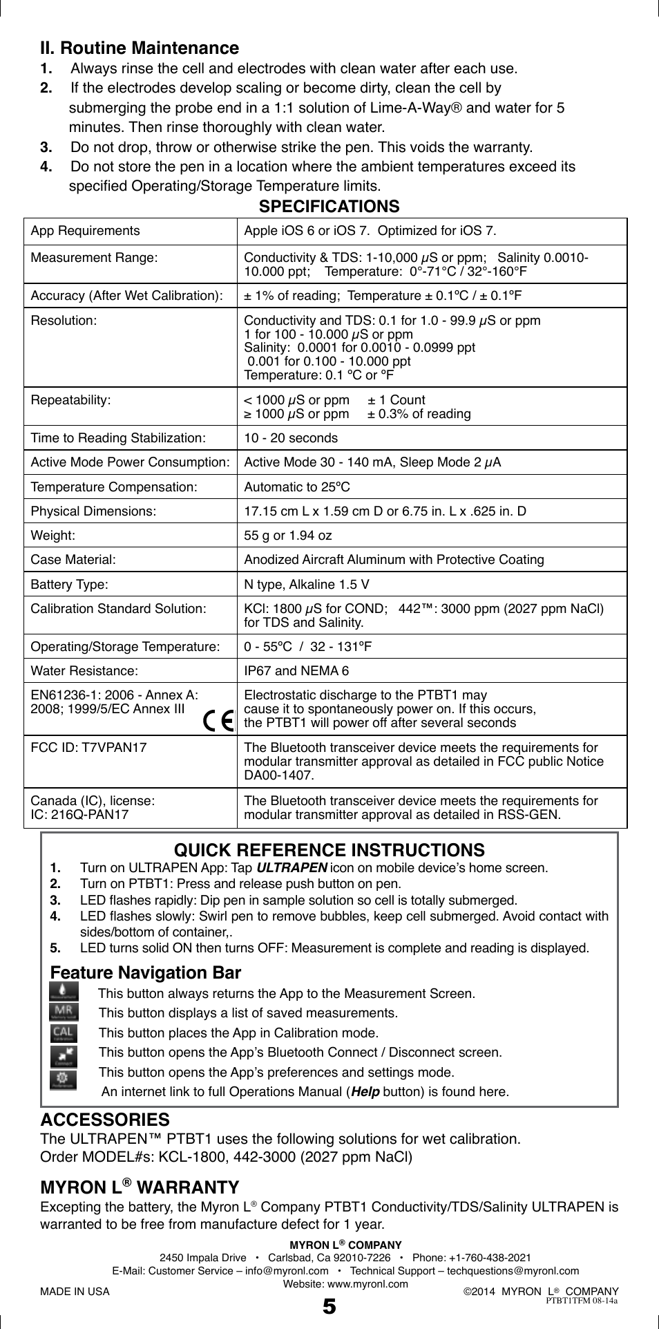 Ii. routine maintenance, Quick reference instructions, Feature navigation bar | Accessories, Myron l, Warranty, Specifications | Myron L PTBT1 User Manual | Page 6 / 6