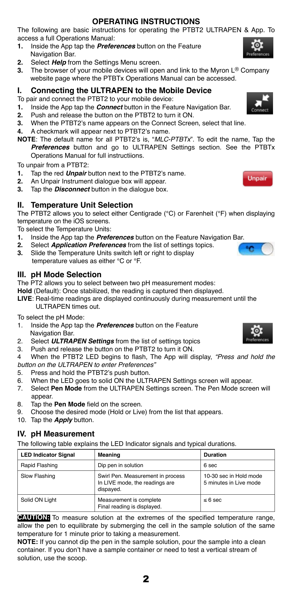 Operating instructions, I. connecting the ultrapen to the mobile device, Ii. temperature unit selection | Iii. ph mode selection, Iv. ph measurement | Myron L PTBT2 User Manual | Page 3 / 6