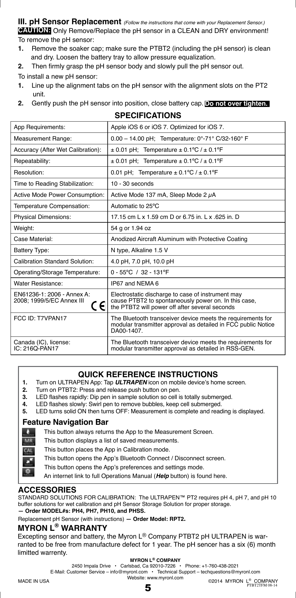 Specifications, Quick reference instructions, Feature navigation bar | Accessories, Iii. ph sensor replacement, Myron l, Warranty | Myron L PTBT2 User Manual | Page 6 / 6