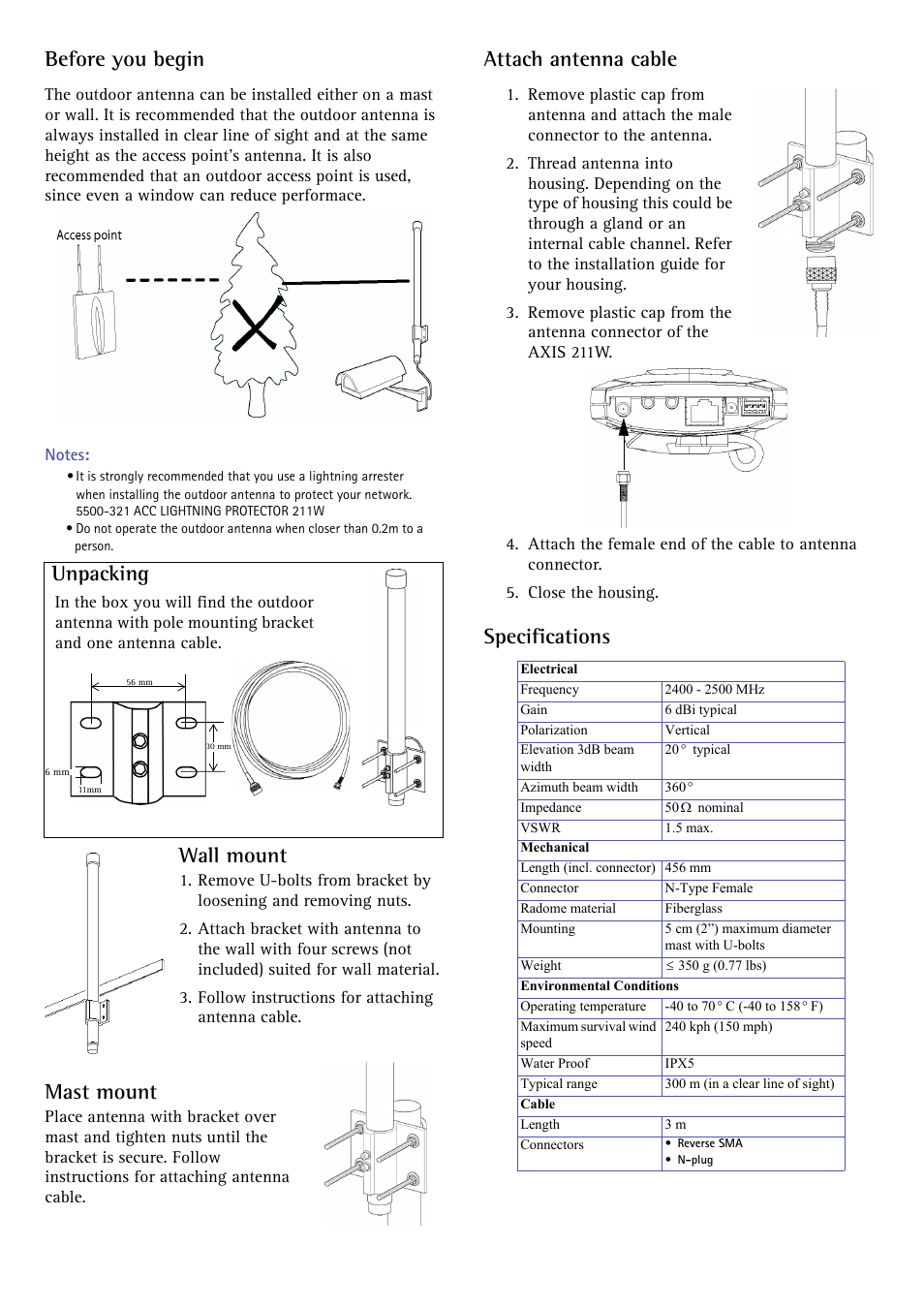 Before you begin, Unpacking, Wall mount | Mast mount, Attach antenna cable, Specifications | Axis Communications Outdoor Antenna User Manual | Page 2 / 2