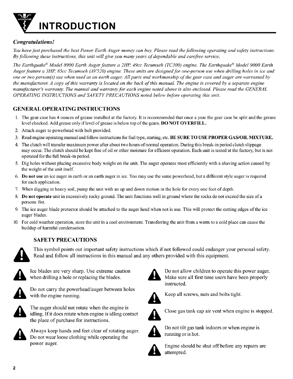 Introduction, General operating instructions, Safety precautions | A a a a | Ardisam Earthquake 9200 User Manual | Page 2 / 8