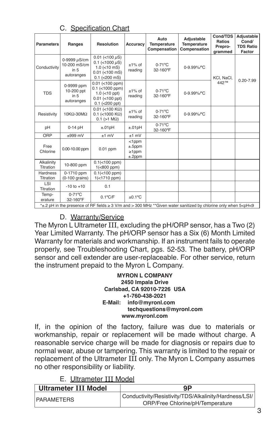 3c. specification chart | Myron L 9PTK User Manual | Page 7 / 76