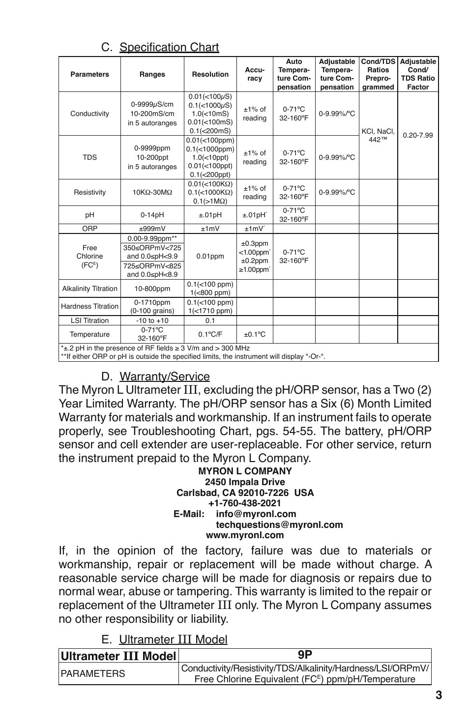 3c. specification chart | Myron L 9PTK with FCE Free Chlorine User Manual | Page 7 / 76