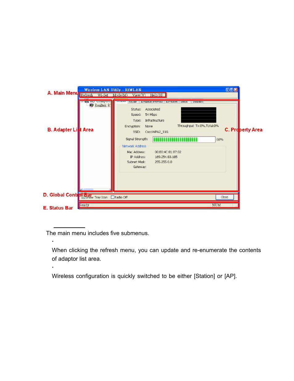 Chapter 4 rtwlan:wireless lan management gui, 1 introduction of main window | ALFA Wireless LAN USB Adaptor User Manual | Page 12 / 29