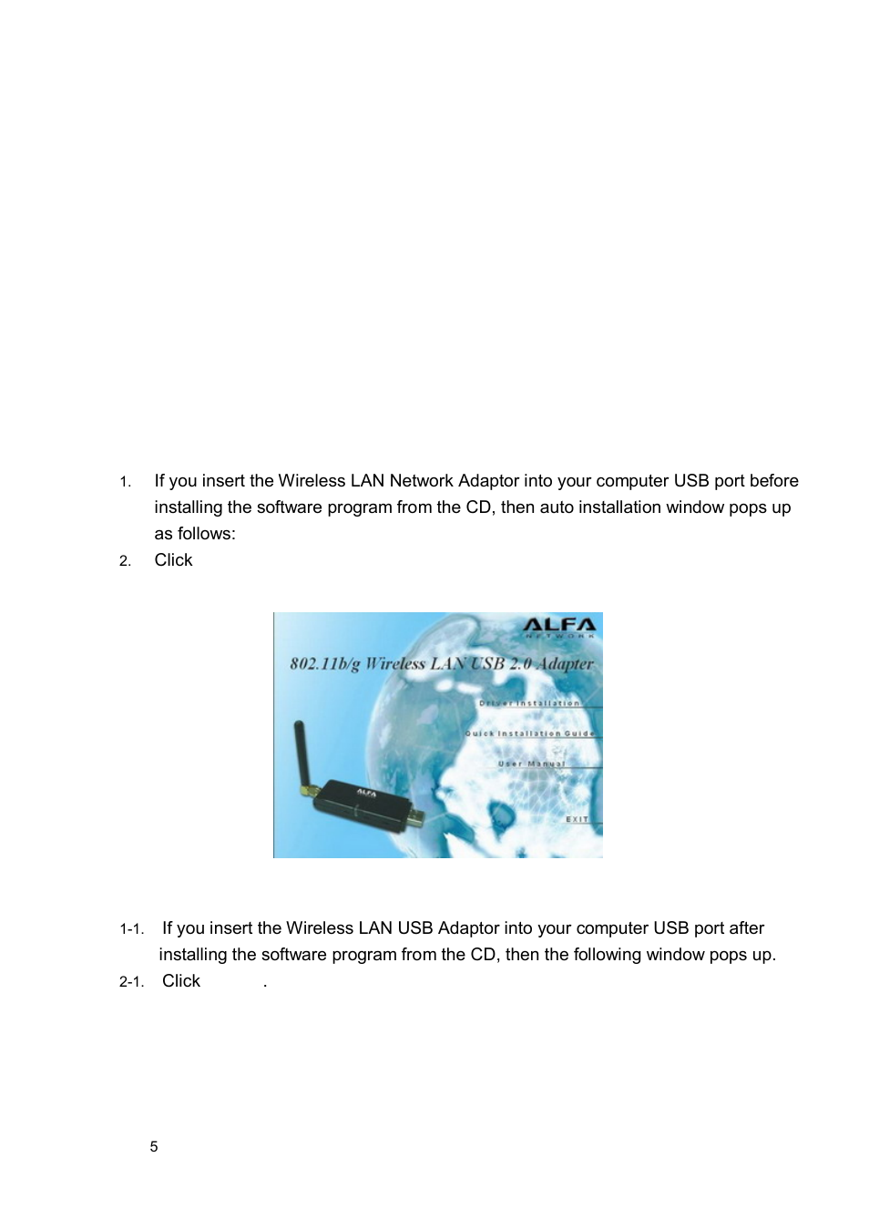 Chapter 3 installation/ uninstallation, 1 installation | ALFA Wireless LAN USB Adaptor User Manual | Page 5 / 29