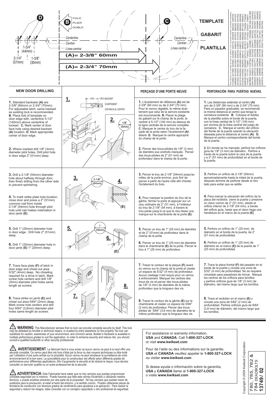 Plantilla template gabarit, Cl (c (b, Warning | Avertissement, Advertencia | Kwikset 780 SMT User Manual | Page 2 / 2