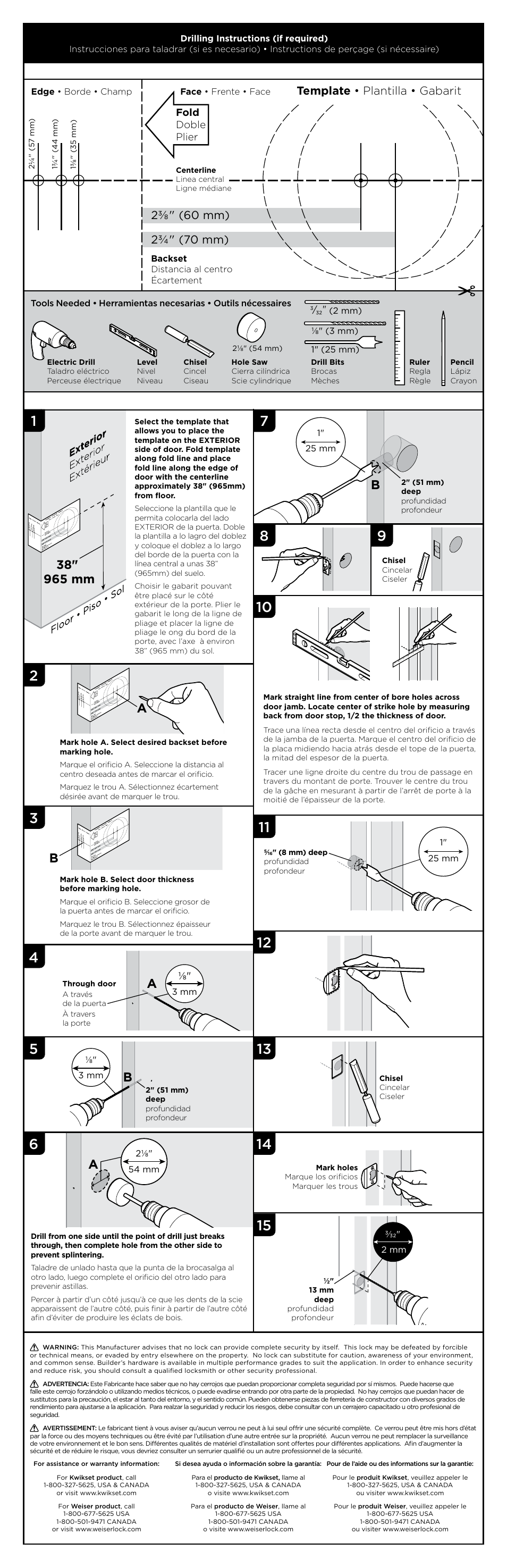 Template • plantilla • gabarit, Fold doble plier | Kwikset 991TNL User Manual | Page 2 / 2