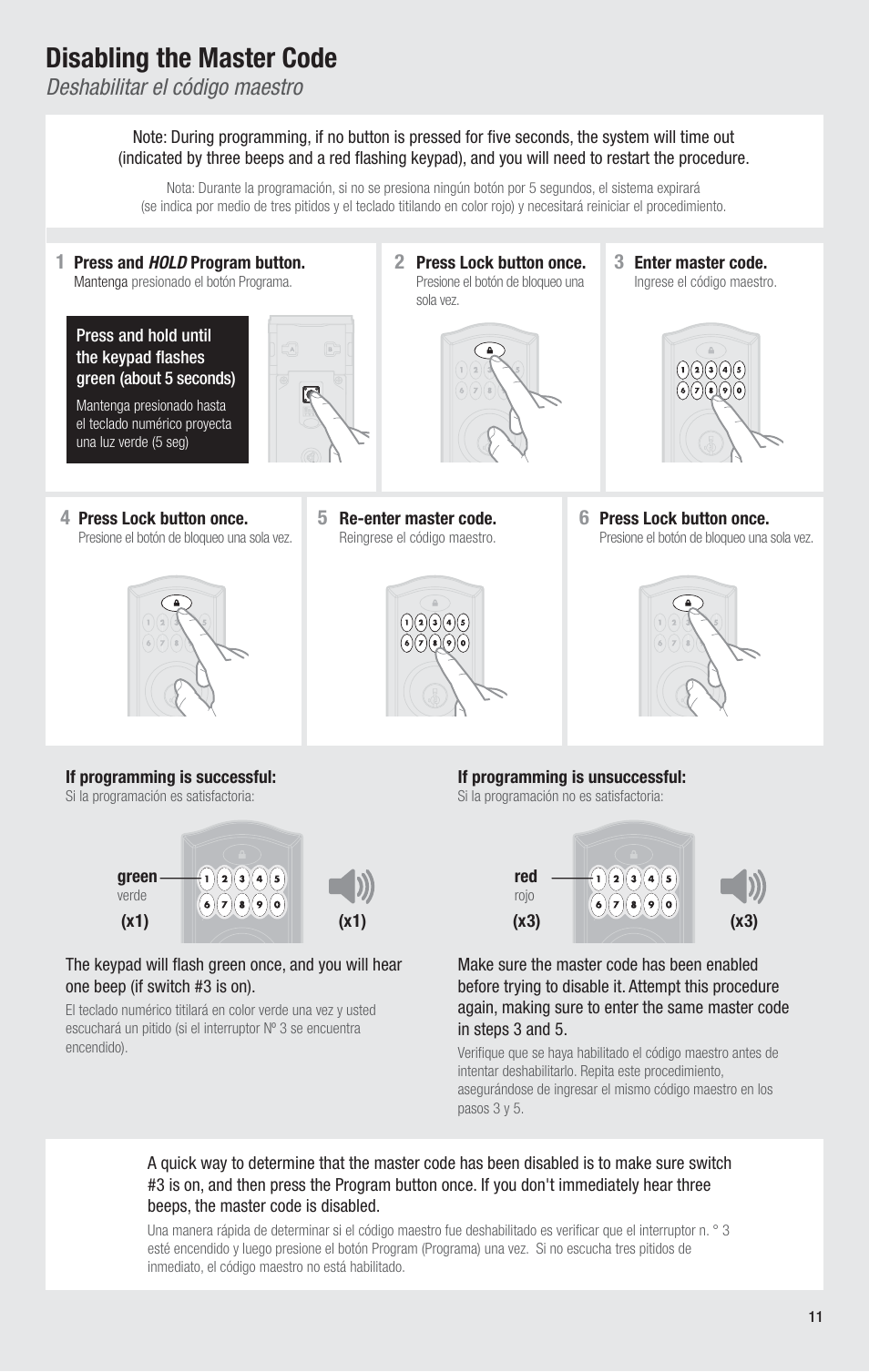 Disabling the master code, Deshabilitar el código maestro | Kwikset 913TRL User Manual | Page 11 / 24