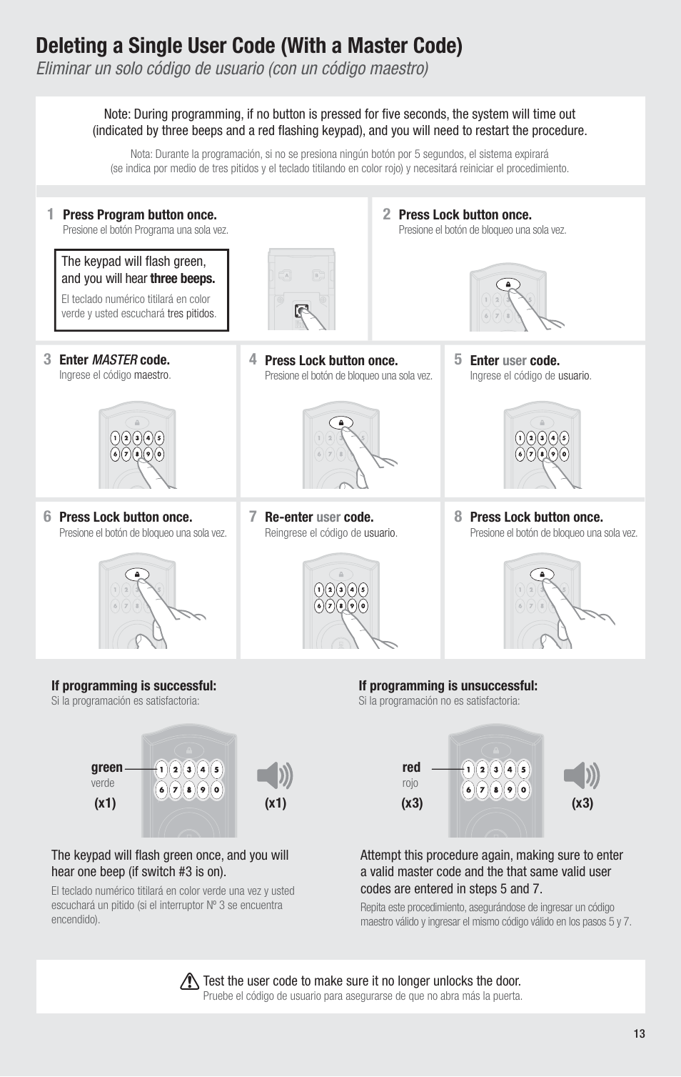 Deleting a single user code (with a master code) | Kwikset 913TRL User Manual | Page 13 / 24