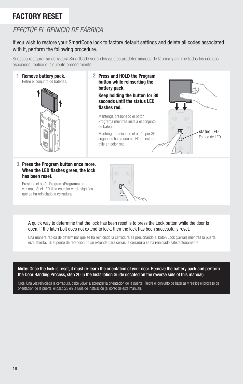 Factory reset, Efectúe el reinicio de fábrica | Kwikset 913TRL User Manual | Page 16 / 24