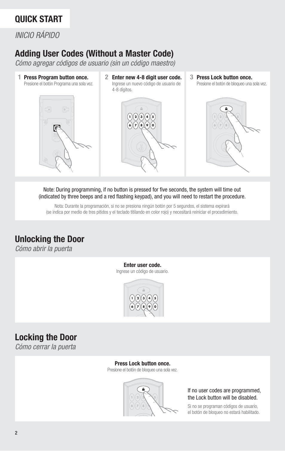 Quick start, Adding user codes (without a master code), Unlocking the door | Locking the door, Inicio rápido, Cómo abrir la puerta, Cómo cerrar la puerta | Kwikset 913TRL User Manual | Page 2 / 24