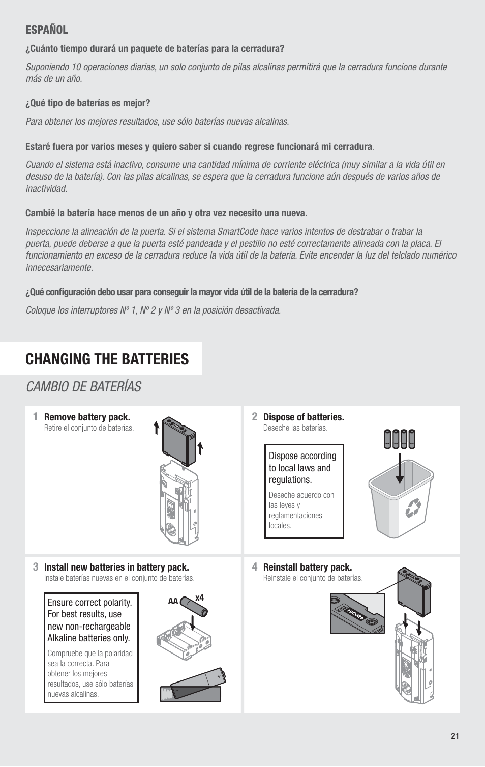 Changing the batteries, Cambio de baterías | Kwikset 913TRL User Manual | Page 21 / 24