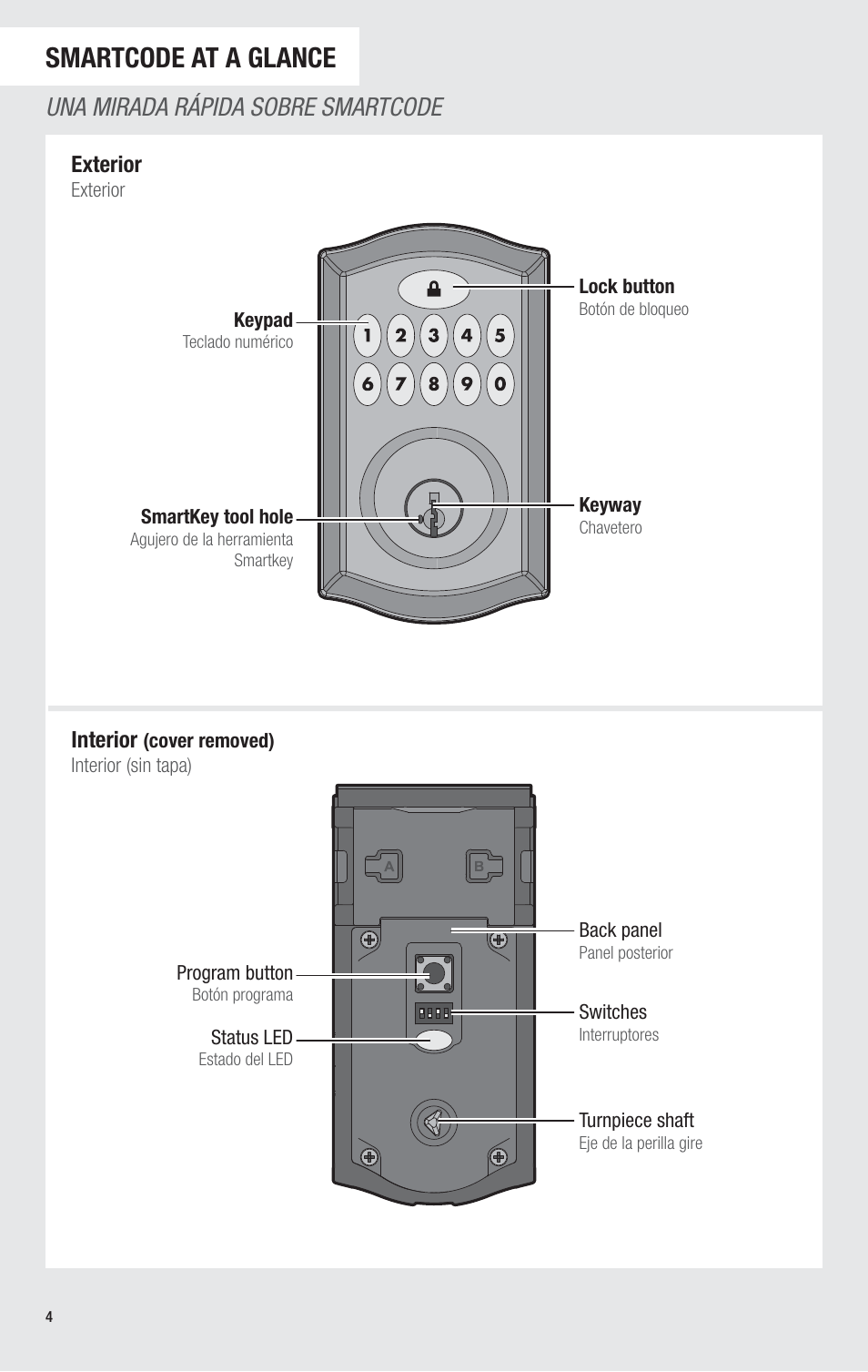 Smartcode at a glance, Una mirada rápida sobre smartcode, Interior | Exterior | Kwikset 913TRL User Manual | Page 4 / 24