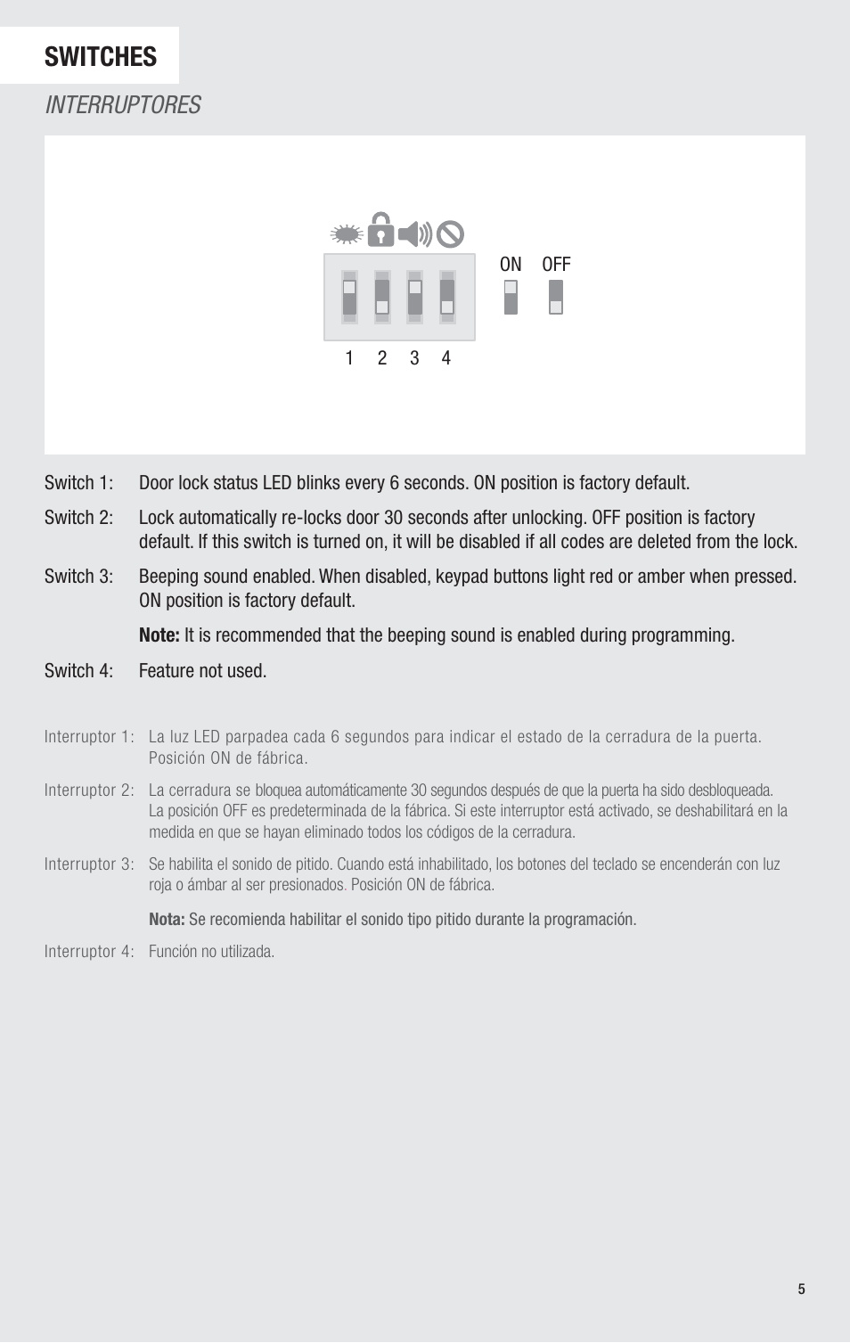 Switches, Interruptores | Kwikset 913TRL User Manual | Page 5 / 24