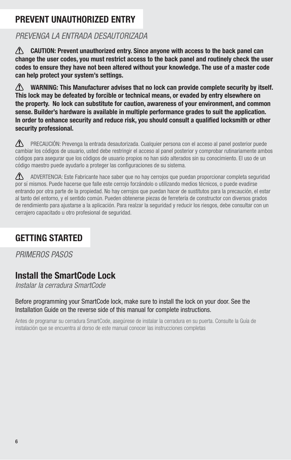 Prevent unauthorized entry, Getting started, Install the smartcode lock | Prevenga la entrada desautorizada, Primeros pasos | Kwikset 913TRL User Manual | Page 6 / 24