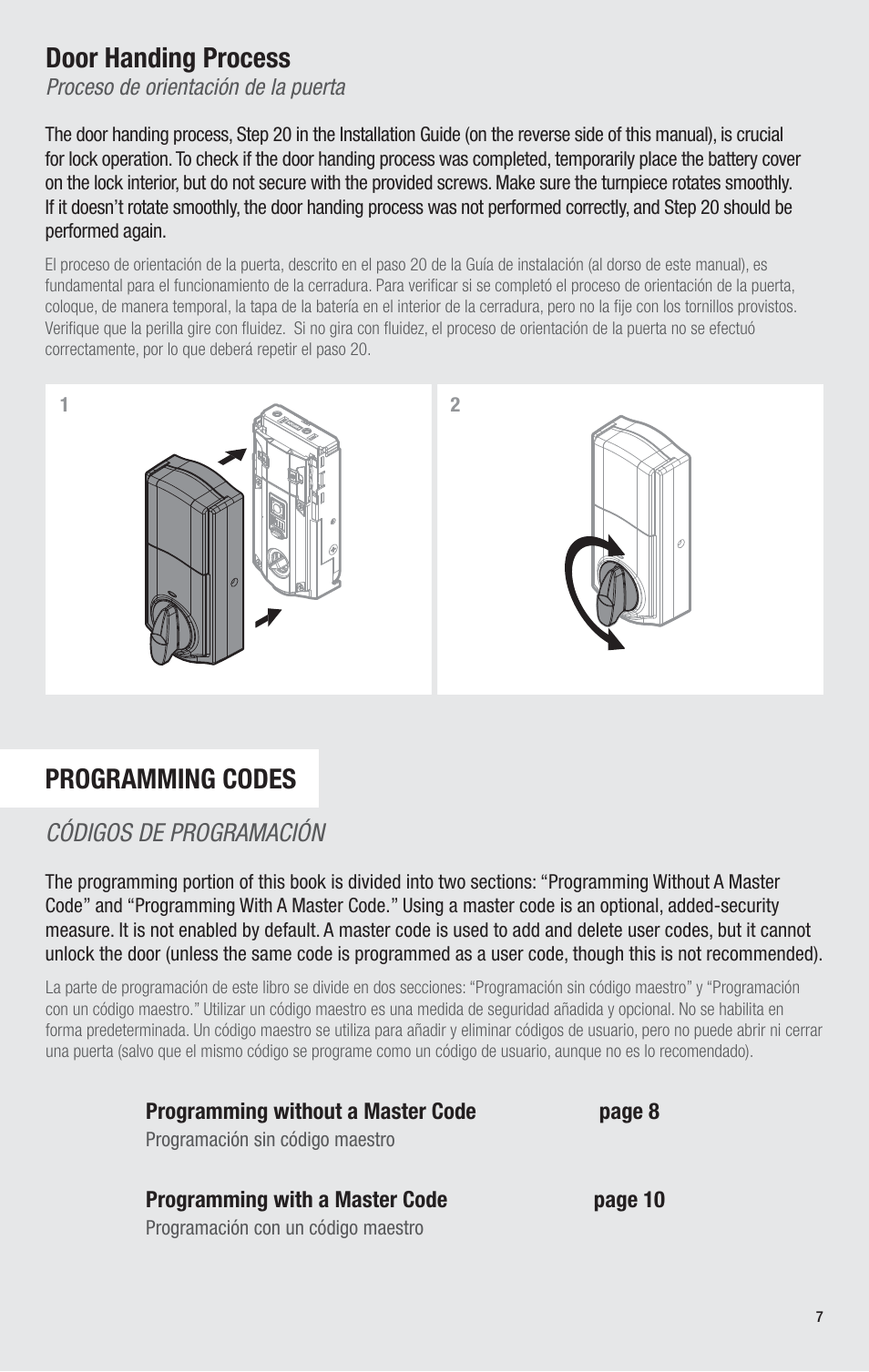 Door handing process, Programming codes, Códigos de programación | Kwikset 913TRL User Manual | Page 7 / 24