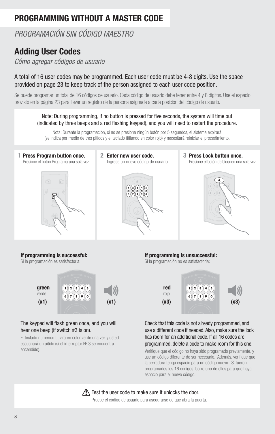 Programming without a master code, Adding user codes, Programación sin código maestro | Cómo agregar códigos de usuario | Kwikset 913TRL User Manual | Page 8 / 24