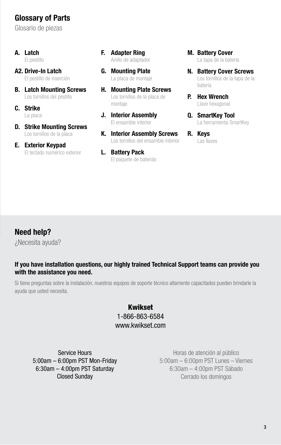 Options for select models only, Parts in the box, Glossary of parts | Need help | Kwikset 914TRL User Manual | Page 3 / 22