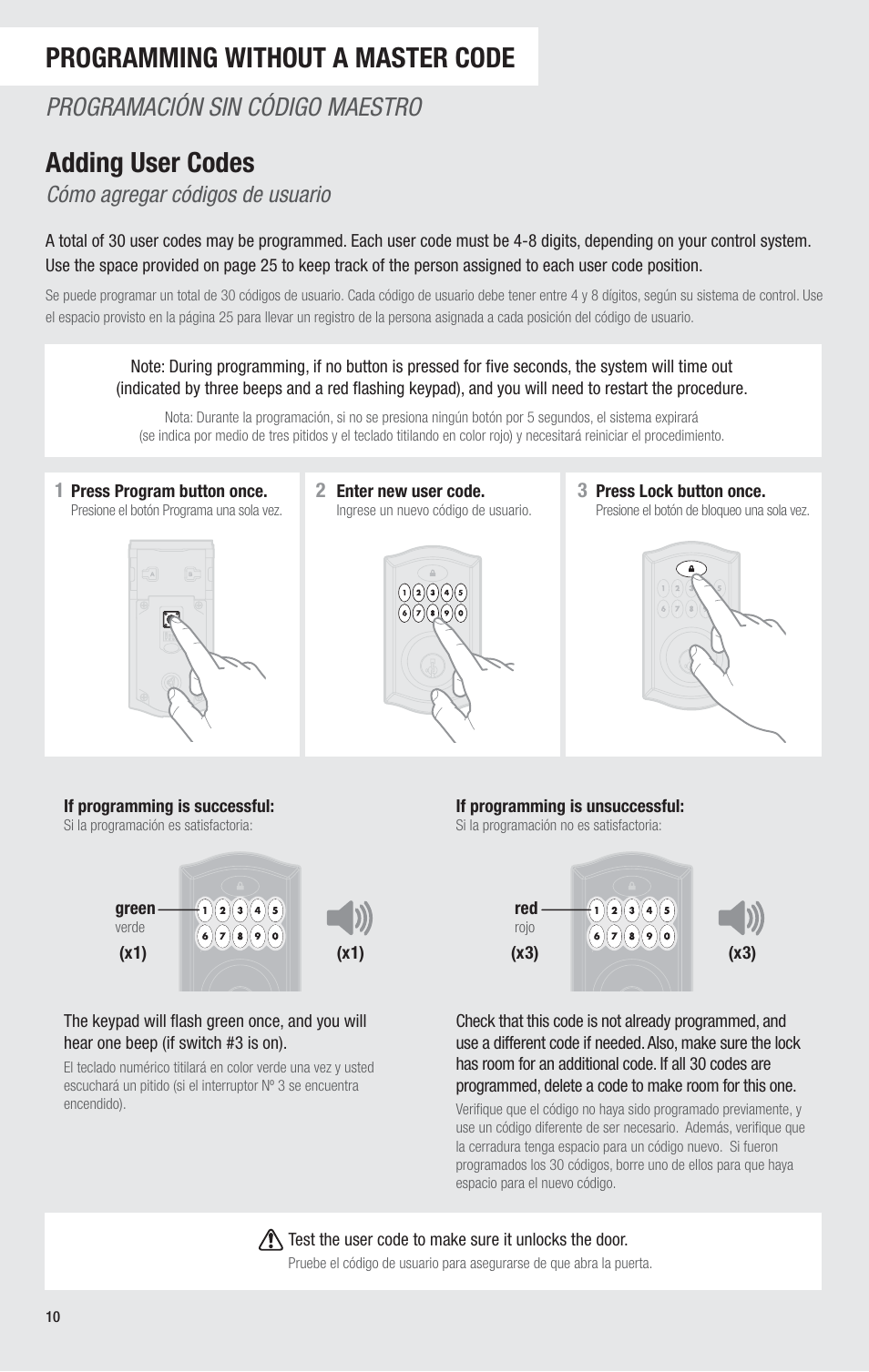 Programming without a master code, Adding user codes, Programación sin código maestro | Cómo agregar códigos de usuario | Kwikset 914TRL User Manual | Page 10 / 26