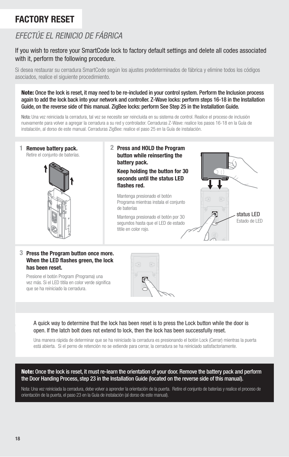 Factory reset, Efectúe el reinicio de fábrica | Kwikset 914TRL User Manual | Page 18 / 26