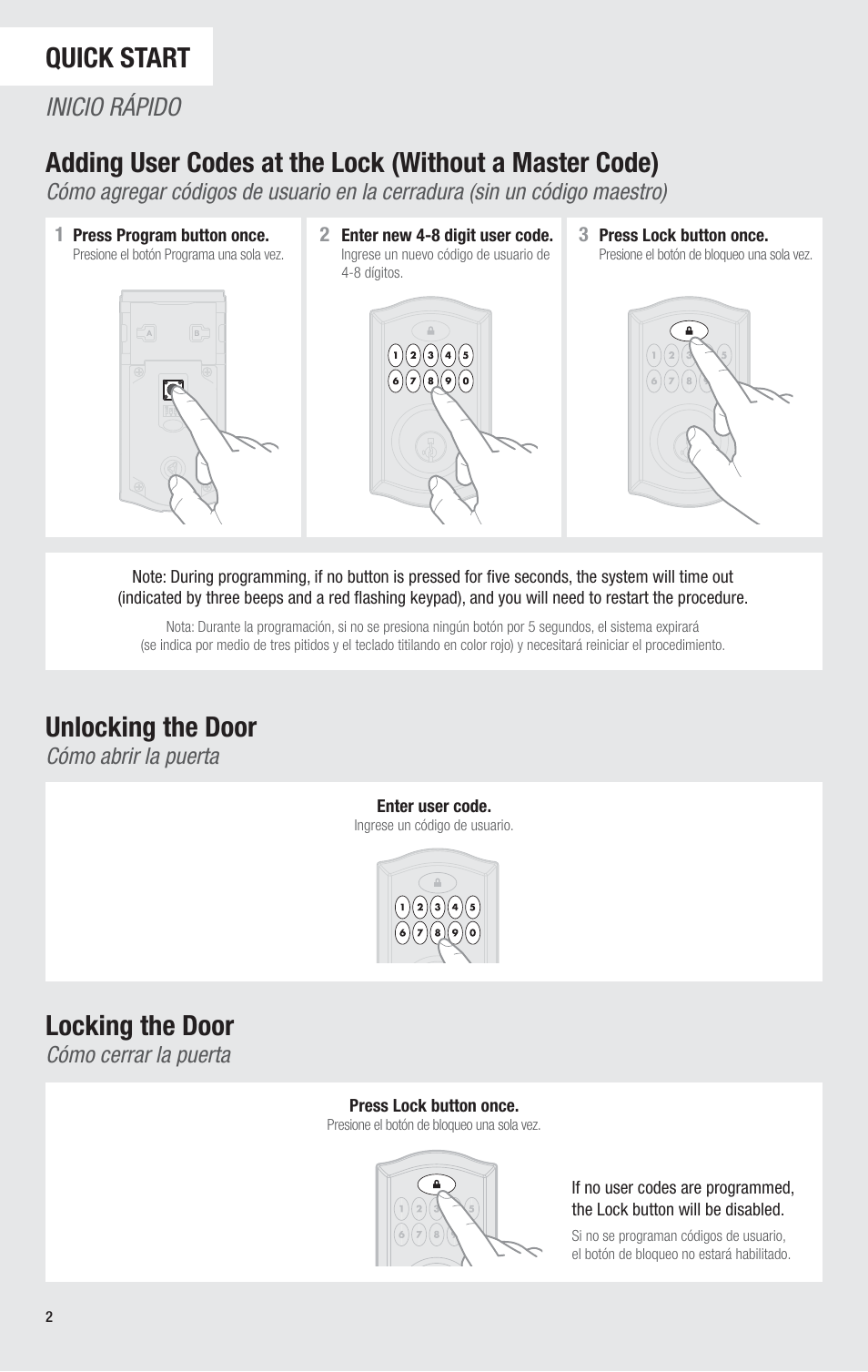 Quick start, Unlocking the door, Locking the door | Inicio rápido, Cómo abrir la puerta, Cómo cerrar la puerta | Kwikset 914TRL User Manual | Page 2 / 26