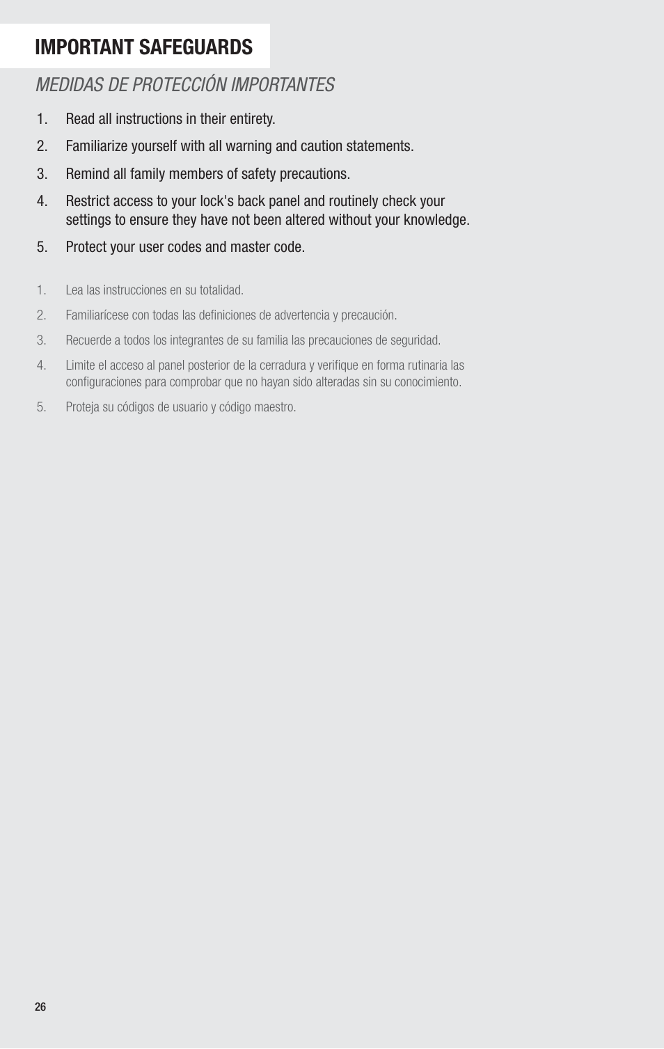 Important safeguards, Medidas de protección importantes | Kwikset 914TRL User Manual | Page 26 / 26