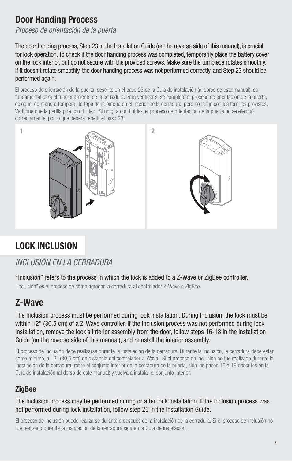 Door handing process, Lock inclusion, Z-wave | Inclusión en la cerradura | Kwikset 914TRL User Manual | Page 7 / 26