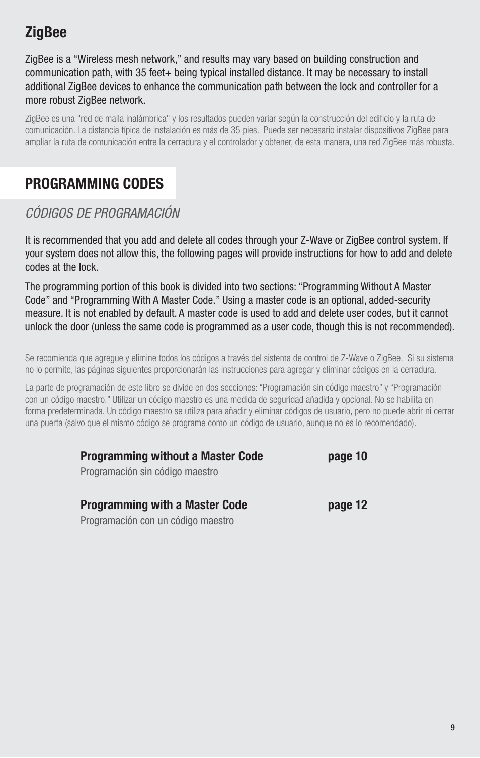 Zigbee, Programming codes, Códigos de programación | Kwikset 914TRL User Manual | Page 9 / 26