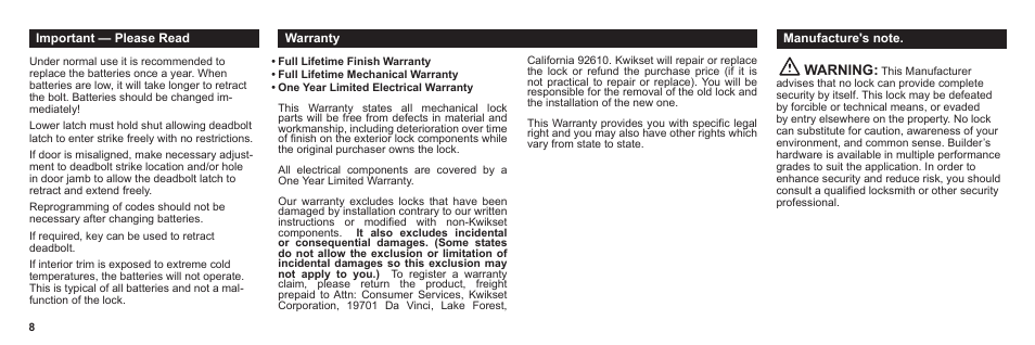 Warning | Kwikset 907 SMT User Manual | Page 10 / 23