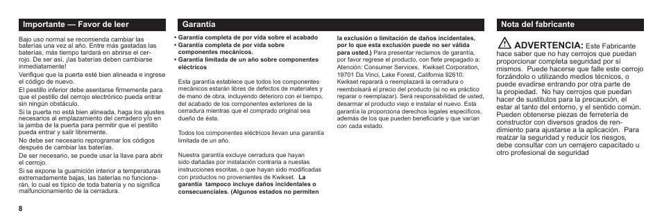 Advertencia | Kwikset 907 SMT User Manual | Page 22 / 23