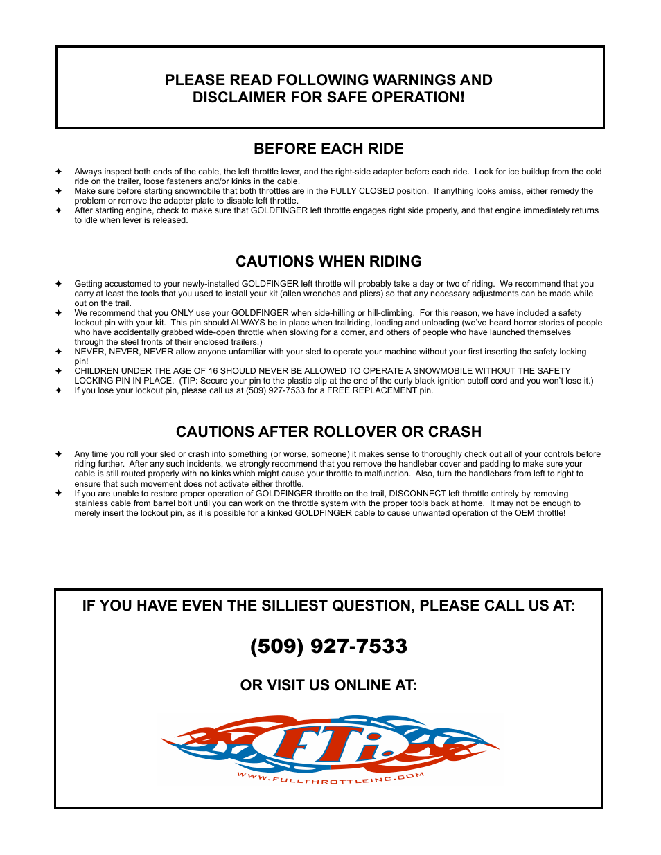 Cautions when riding, Cautions after rollover or crash, Or visit us online at | Full Throttle Arctic Cat 007-1021 User Manual | Page 3 / 4