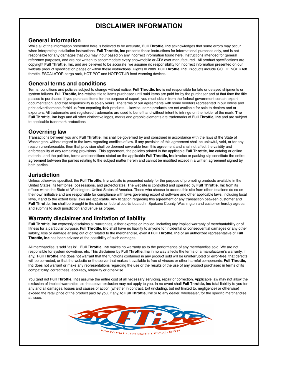 Disclaimer information | Full Throttle Arctic Cat 007-1021 User Manual | Page 4 / 4