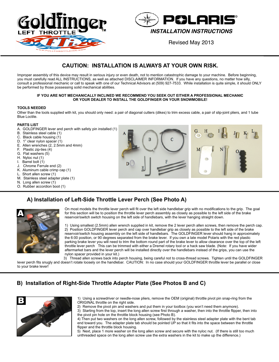 Full Throttle Polaris 007-1022 User Manual | 4 pages