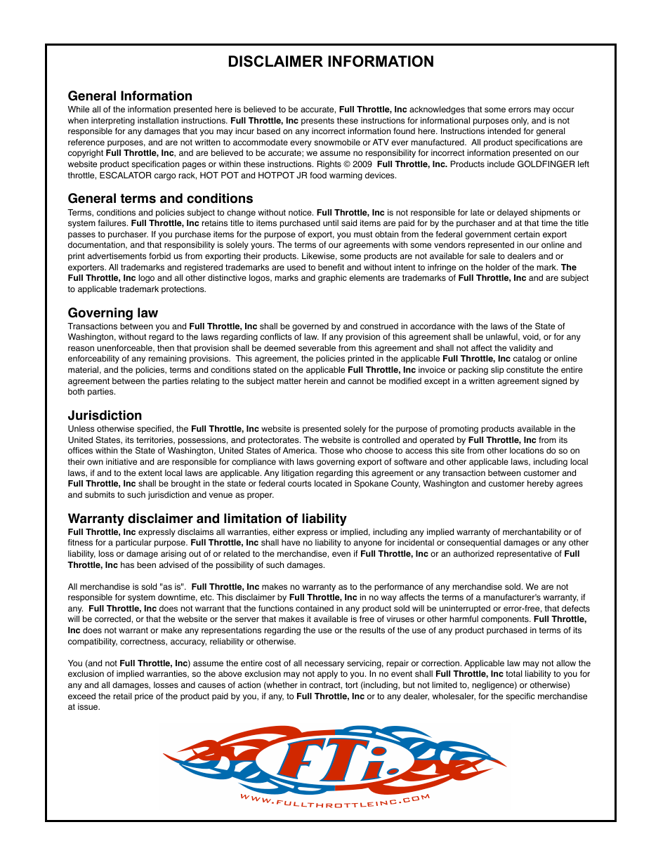 Disclaimer information | Full Throttle Polaris 007-1022 User Manual | Page 4 / 4