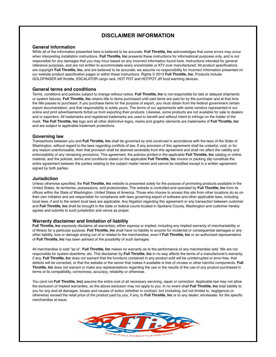 Disclaimer information | Full Throttle Skidoo 007-1024 User Manual | Page 4 / 4