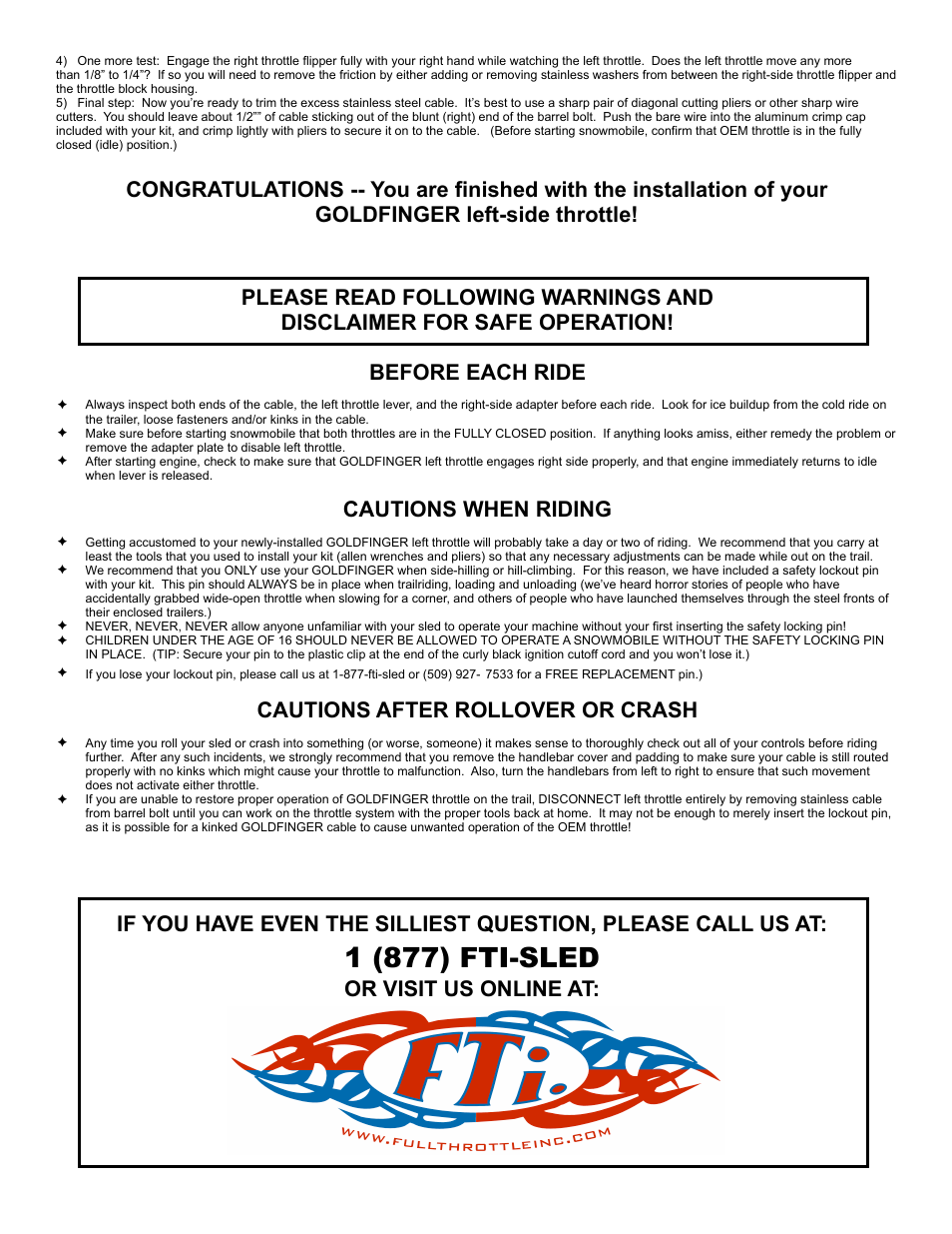 1 (877) fti-sled, Cautions when riding, Cautions after rollover or crash | Or visit us online at | Full Throttle Yamaha 007-1025 User Manual | Page 3 / 4
