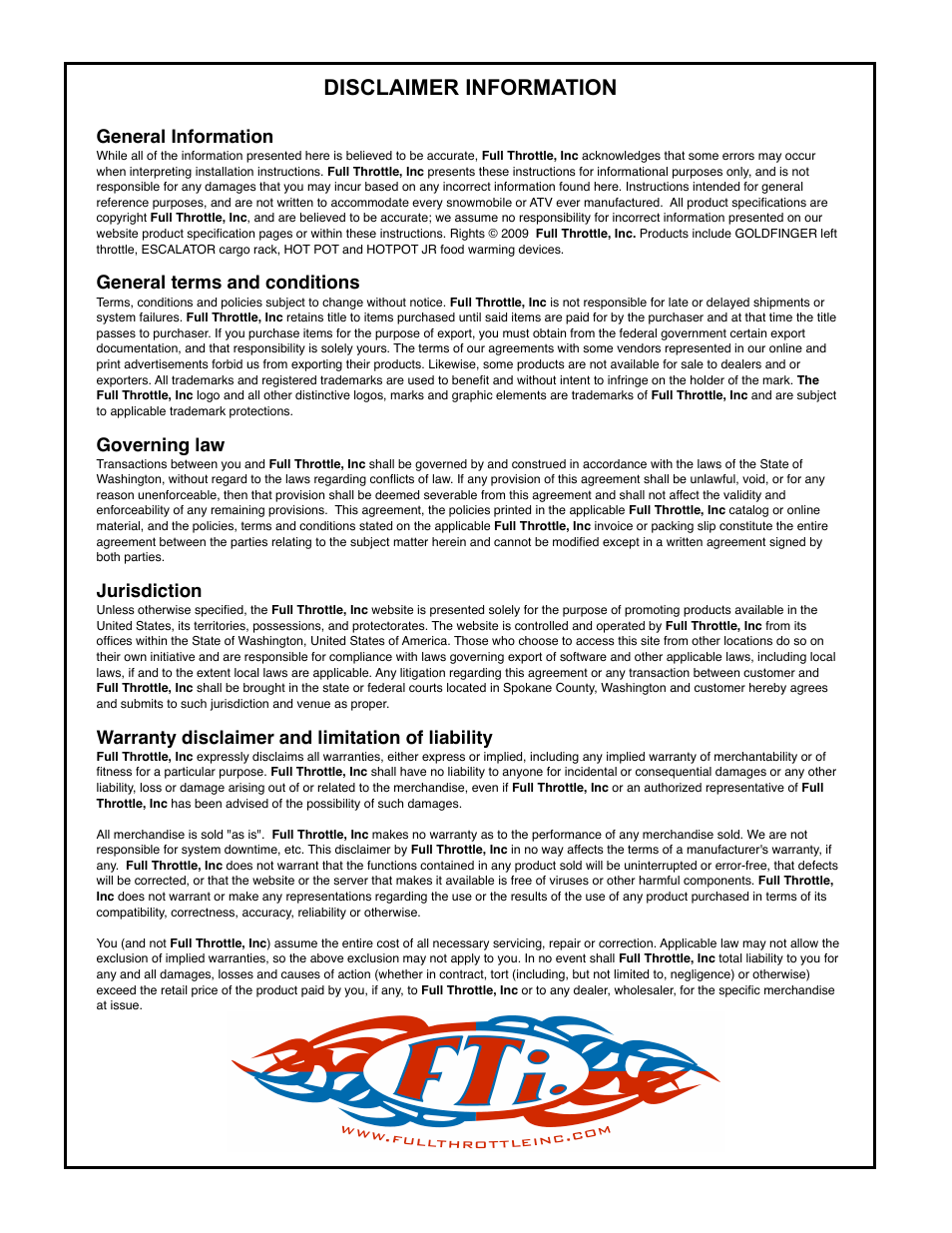 Disclaimer information | Full Throttle Yamaha 007-1025 User Manual | Page 4 / 4