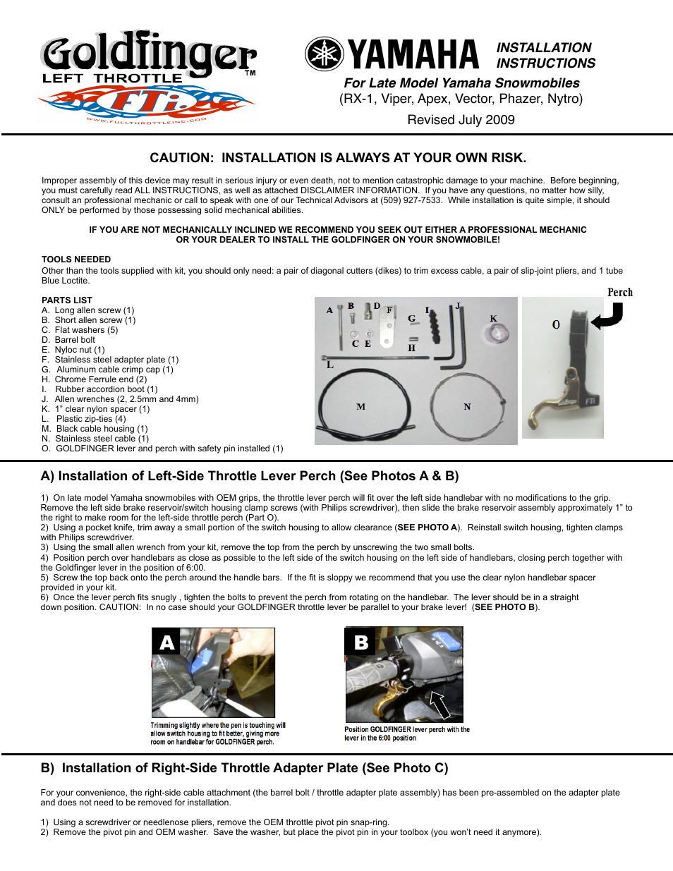 Full Throttle Yamaha 007-1026 User Manual | 4 pages