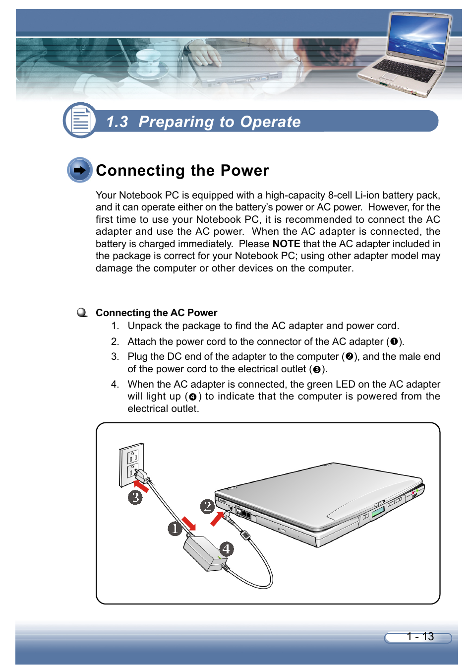 3 preparing to operate, Connecting the power | AVERATEC 6200 Series User Manual | Page 23 / 93